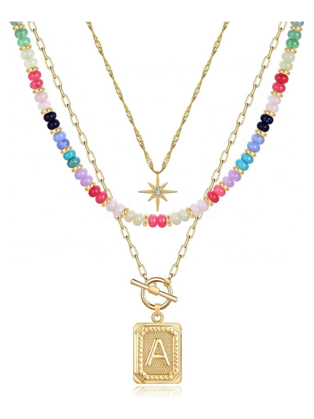 MJartoria Layered Initial Necklace Set 14K Gold Plated Brass 3-Piece